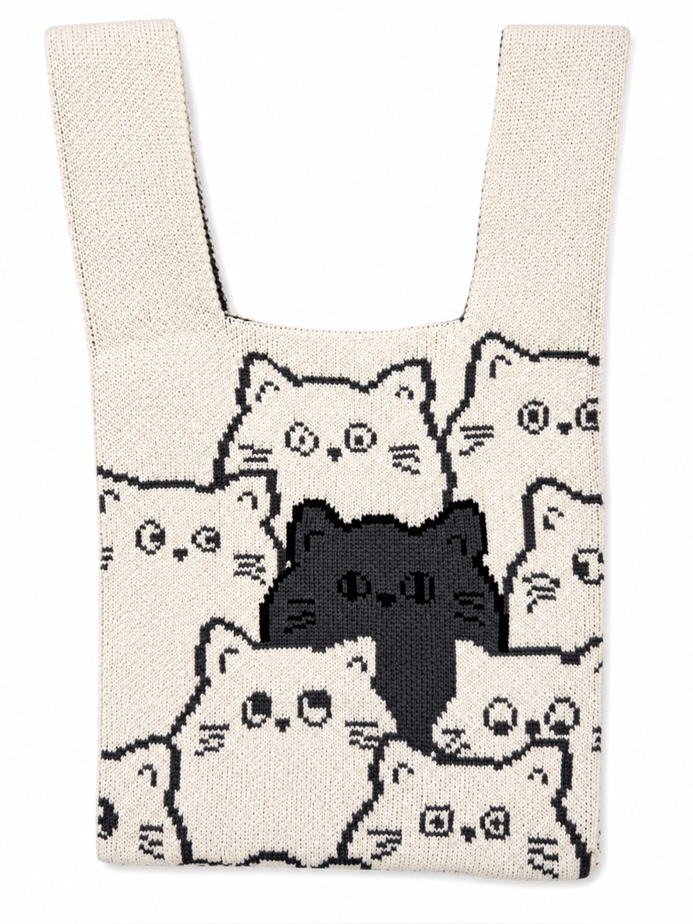 Cute Knit Cat Tote Bag Black & Cream Kitty Pattern Shoulder Bag Kawaii Coquette